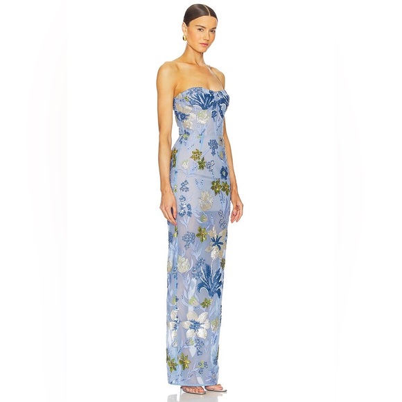 NWOT Bronx and Banco Dahlia Sequin Floral Column Gown IN Baby Blue - Picture 3 of 16